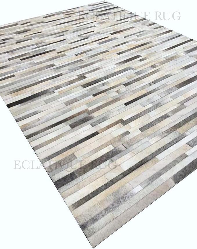 Cowhide Leather Rug for Living Room 9x12, Modern Stripes Style Floor Carpet, Washable Dark Grey Area Rug for Home Decor