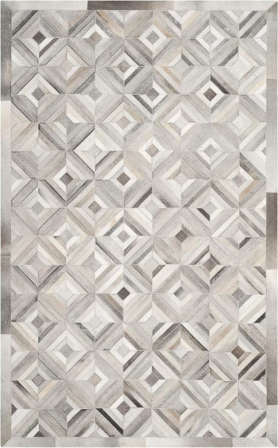 Premium Diamond Patterned Leather Area Rug - 6X9 ft - Silver- Luxury Non Slip Floor Accent for Dining Room, Living Room, Entryway, Elegant Collection Indoor Carpet