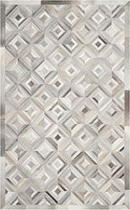Premium Diamond Pattern Leather Area Rug, Geometric Cowhide Patchwork Carpet - 5X8 ft, Luxury Beige and Grey Non-Slip Floor Accent for Dining Room, Living Room, Hallway