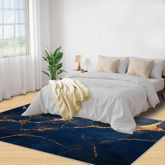 4x5 Abstract Marble Indoor Outdoor Rug - Dark-Blue-Marble Bedside Rug, Luxury Stone Pattern Washable Entry Way Rugs Kids Carpet for Inside House Playroom Living Room End Table Nursery