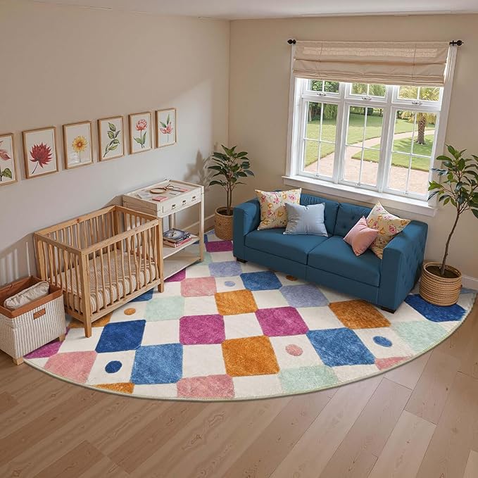 jinchan Macy Kids Rug for Classroom 7ft Radius Corner Washable Area Rug Modern Colorful Quarter Circle Rug Soft Non-Slip Carpet for Nursery Playroom Daycare Reading Nook Living Room Berries on Cream