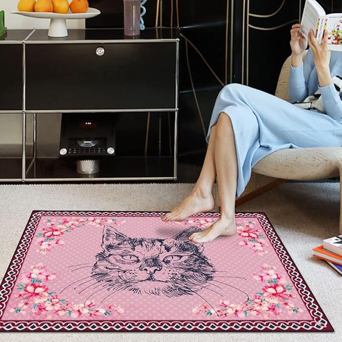 Cartoon Animal Pattern Area Rug Cute Cat Luxury Floral Decor for Carpet Farmhouse Bedroom Living Room Rugs Bathroom Kitchen Runner Mat Indoor Outdoor Non Slip Doormat 5' X 10'