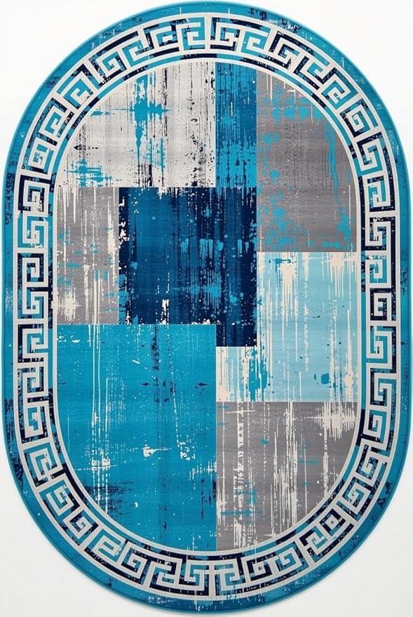 Distressed Blue Grey Greek Key Pattern Indoor Area Rug 9x12 for Living Room Bedroom Dining Room Faux Wool Anti Slip Floor Mats Nursery Entryway Minimalist Geometric Texture Bordered Rugs Retro Carpet