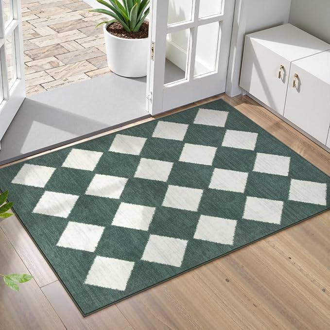 Lahome Checkered Washable 2x3 Green Kitchen Rugs Non Slip, Small Printed Indoor Door Mat for Entryway, Moroccan Trellis Ultra-Thin Throw Carpet for Bedroom Entrance Decor (2'x3',Dark Green)
