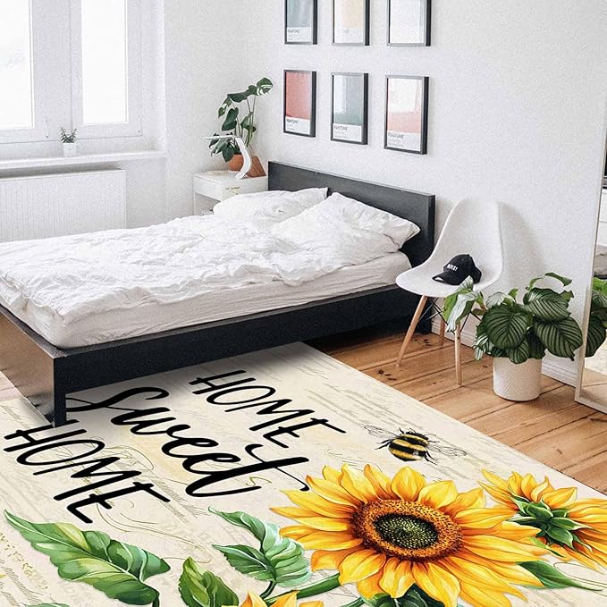 Summer Sunflowers Rectangular Area Rugs for Living Room Bedroom 2.8 x 5 ft Rustic Floral Bees Green Leaves Non-Shedding Soft Low Pile Rug Non Slip Washable Rug for Nursery Entryway Playroom