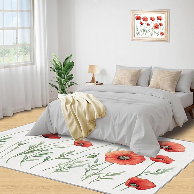 Little Red Flower Rugs for Bedroom - 4x6 Area Rug - Abstract 3D Flowers Rugs for Living Room, Modern Simple Art Rug, Non-Slip Washable Home Decor Carpet