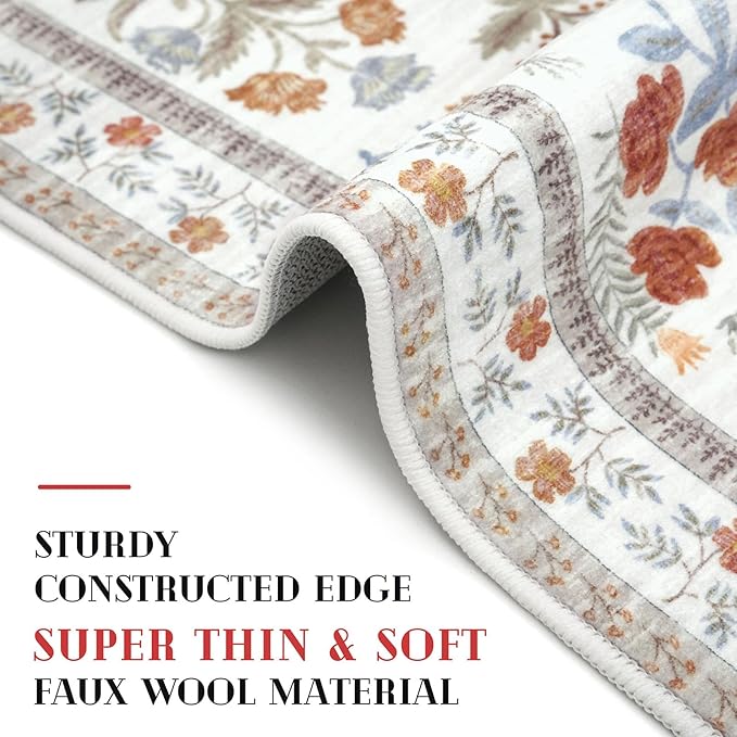 Boho Entryway Rug 2x3 Washable, Ivory Floral Kitchen Rug, Super Thin Faux Wool Small Area Rug, Non-Slip Soft Carpet for Foyer, Bedroom, Office
