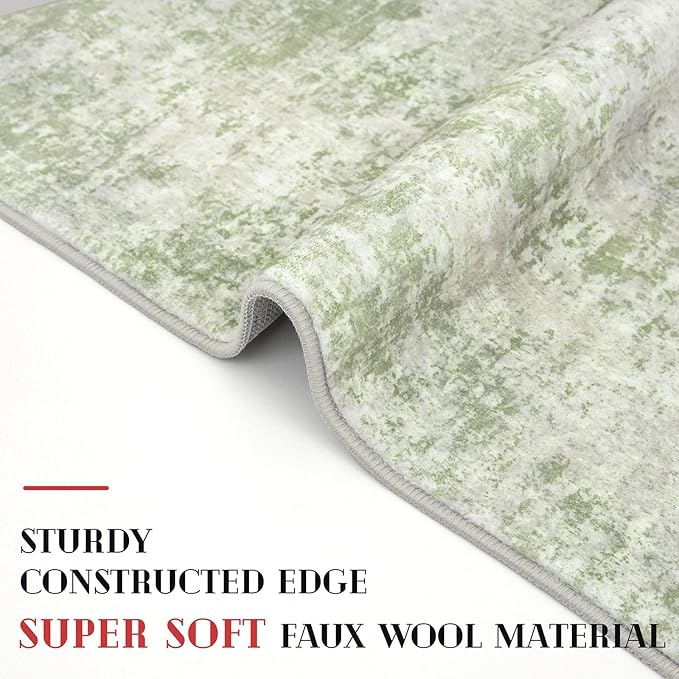Modern Abstract Runner Rug 2x6, Sage Green Grey Washable Kitchen Runner Non-Slip Soft Hallway Rug Runner Thin Print Faux Wool Carpet for Entryway Bedroom Laundry Room Indoor Home Decor
