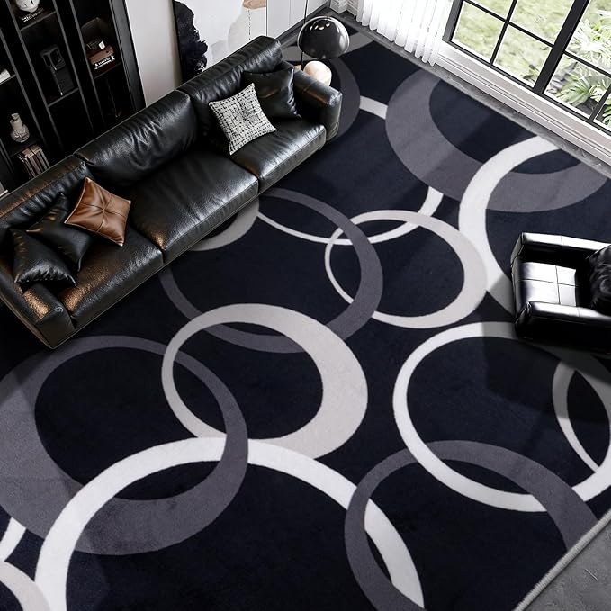 YIHOUSE 9x12 Ft Area Rugs, Concentric Circle Carpet Washable Rug, Black and White Geometric Design Rug for Extra Large Living Rooms, Great Rooms, Commercial Spaces Office Decor, Nonslip Non-Shedding