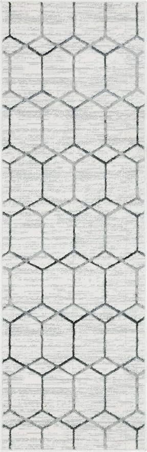 Rugs.com Lattice Trellis Collection Rug – 6 Ft Runner White Low-Pile Rug Perfect for Hallways, Entryways