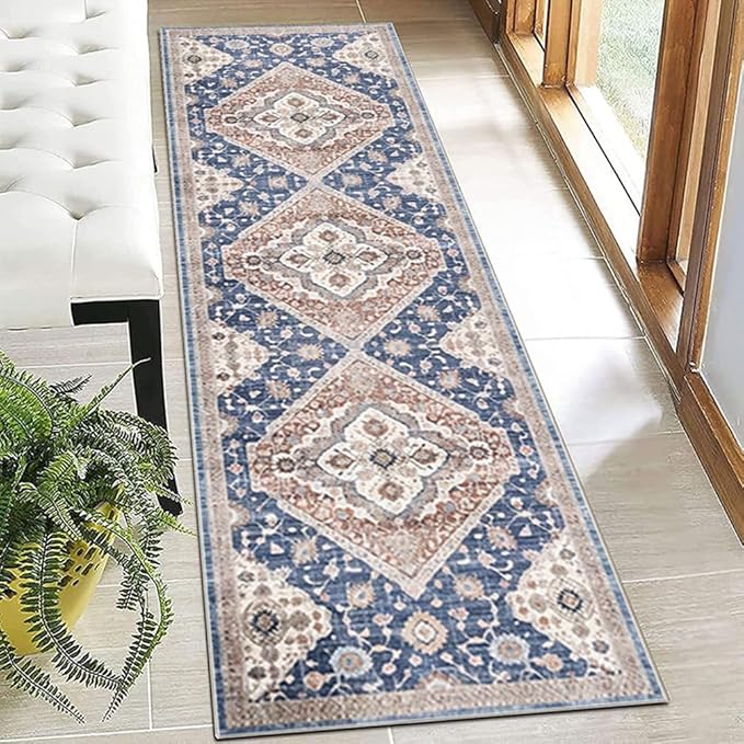 Moroccan Trellis Hallway Runner Rug Non-Slip Washable Geometric Standing Mats Anti-Fatigue Long Farmhouse Kitchen Mat Soft Low-Pile Distressed Area Rugs for Bathroom,Bedroom,Laundry 2' X 3'