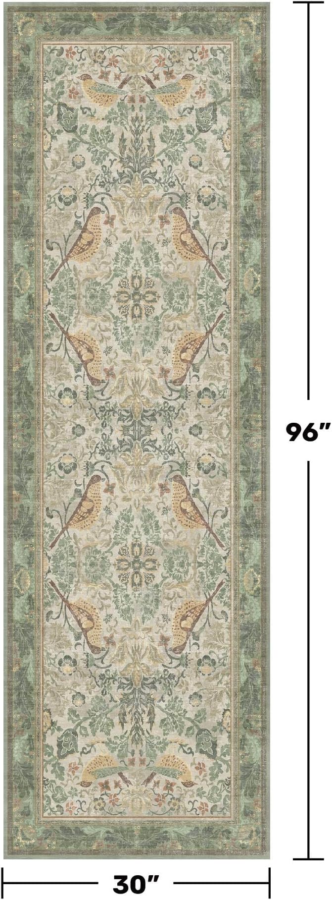 2'6"x8' Long Hallway Runner Rug - Vintage Botanical Wide Runners for Kitchen Bedroom Hall Way, Washable Non Slip with Rubber Backing, Light Green Sage Floral Décor
