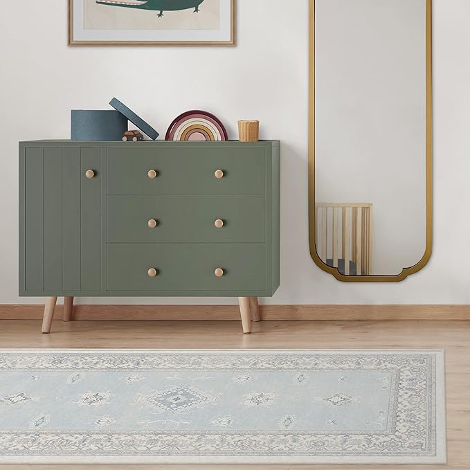RUGGABLE Washable Vintage Area Rug – Verena Soft Blue 10x14, Stain-Resistant, Non-Slip – Large Machine Washable Rugs for Living Room, Bedroom, Hallway, Entryway & Office–with Cushioned Pad
