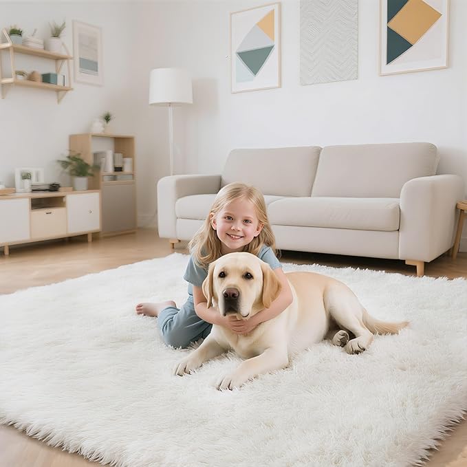 Fluffy Rug Shaggy Area Rug, White 5x8 Area Rugs for Bedroom, Small Bedside Rug, Soft Fluffy Shaggy Entryway Throw Rugs for Living Room Bedroom Kids Room Home Decor
