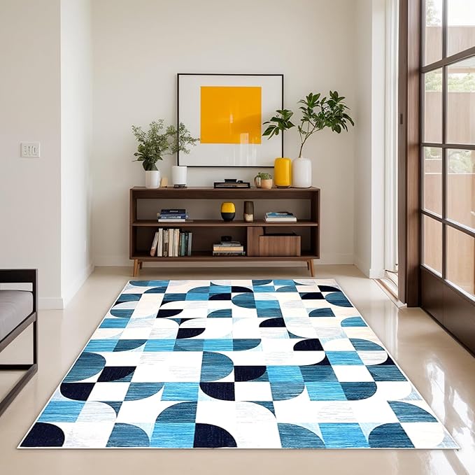 Modern Washable Area Rugs 5x7 Abstract, Boho Low-Pile Rugs for Living Room Bedroom Playroom, Large Throw Floor Carpet Non Slip Ultra-Thin Soft Rug Navy Blue