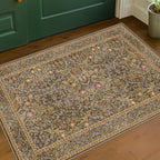 Brown Washable Entry Rug - Front Door Throw Rugs Indoor, Non-Slip Bathroom Small Rugs, Vintage Floral Thin Rug for Kitchen, Boho Earthy Entryway Décor (2x3 Gold Brown)