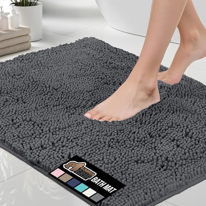 GORILLA GRIP Bath Rug Mat, Thick Soft Absorbent Chenille, Quick Dry Microfiber Mats, Rubber Backing Washable Shower Floor Rugs, US Designed Bathroom Bathmat Home Decor Accessories, 24x17, Charcoal