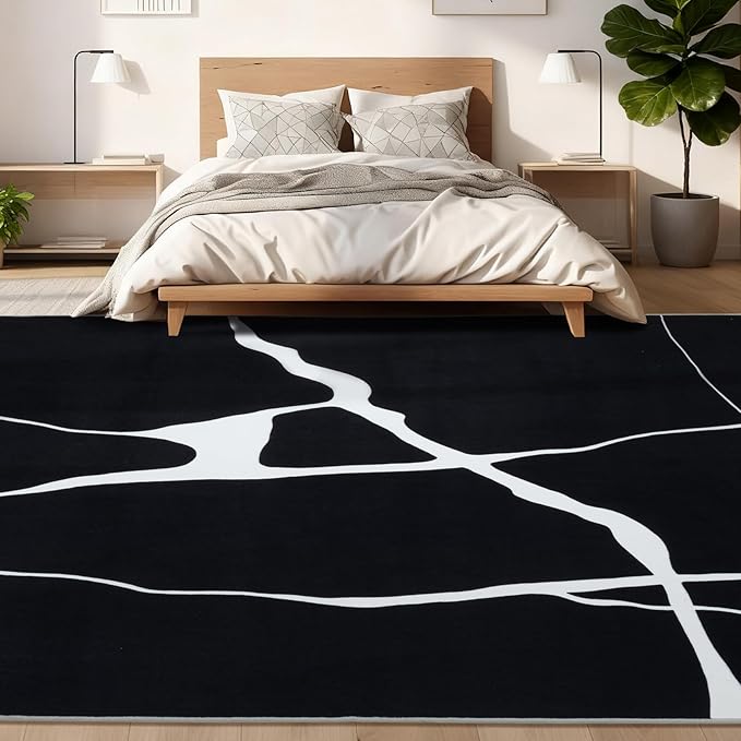 YIHOUSE Abstract Washable Rug 5x7,Ultra Thin Non Slip Black Rugs for Living Room,Modern Minimalist White Stripe Rugs for Bedroom,Dining Room Office Playroom (5'x7',Black-1)