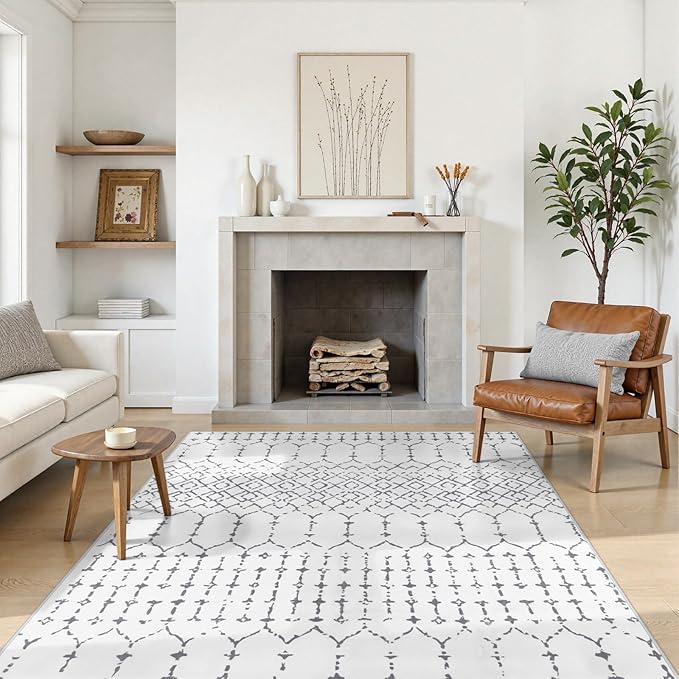 Lahome Moroccan 9x12 Washable Area Rug - Non-Slip Washable Ultra-Thin Soft Large Rug for Living Room, Modern Geometric Print Stain Resistant Carpet for Bedroom Dining Room, White