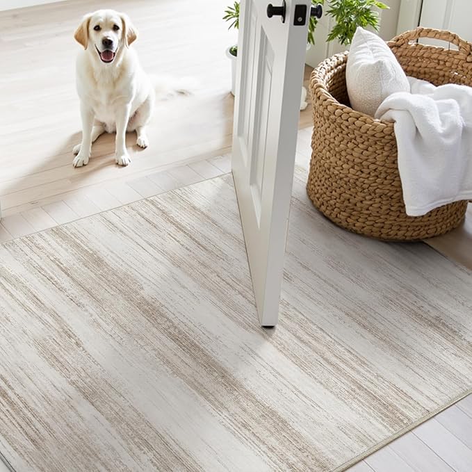 PADOOR Modern Abstract Runner Rug - 2.6x8 Washable Hallway Rugs, Ultra Soft Non-Slip Low Pile Floor Rugs for Hallway Entryway Kitchen Bedroom Bedside Laundry Room Brown