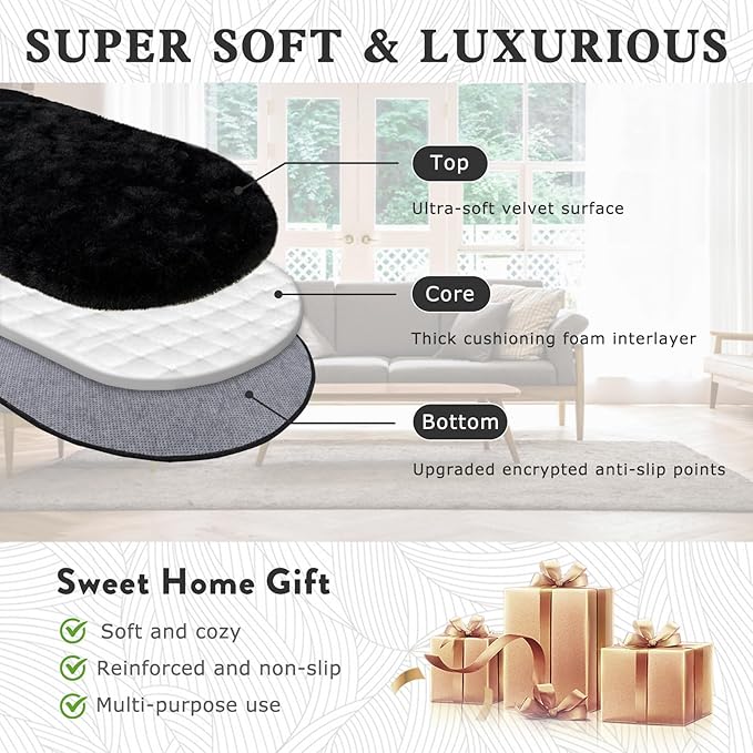Soft Fluffy Area Rug for Bedroom, Black Fuzzy Shaggy Oval Throw Rugs for Bedside, Non-Slip Cozy Plush Shag Carpet for Kids Room Nursery Dorm Living Room, 2.6 x 5.3 Feet