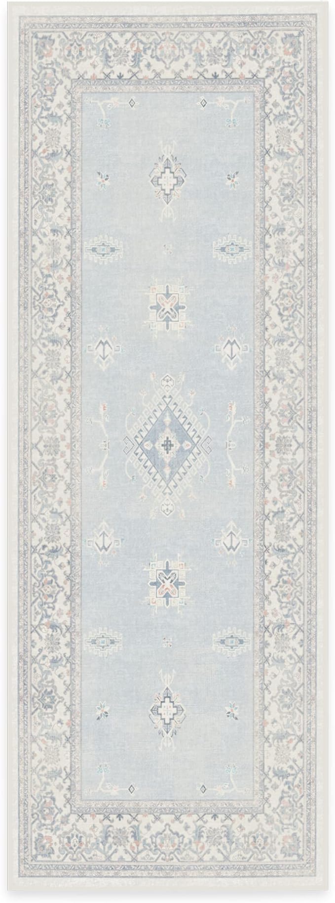 RUGGABLE Washable Vintage Runner Rug – Verena Soft Blue 2.5x7, Stain-Resistant, Non-Slip Hallway Runner – Machine Washable Rug for Hallway, Entryway, Living Room & Kitchen–with Cushioned Pad