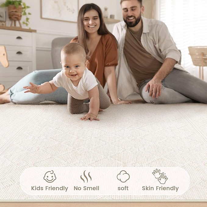 9x12 Area Rug Living Room: Washable Boho Geometric Moroccan Rug Neutral Modern Farmhouse Indoor Soft Non Slip Ultra Thin Large Printed Pattern Carpet for Bedroom Home Office (Beige, 9'x12')