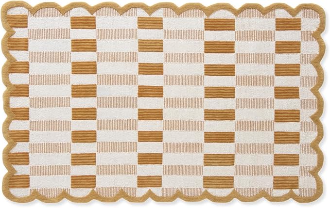 Hand-Tufted Wool Area Rug with Scalloped Edges, Neutral Beige Plaid Pattern, Cozy Soft Accent Rug for Living Room, Bedroom, and Nursery, Handmade Decorative Carpet, 8x10 Ft