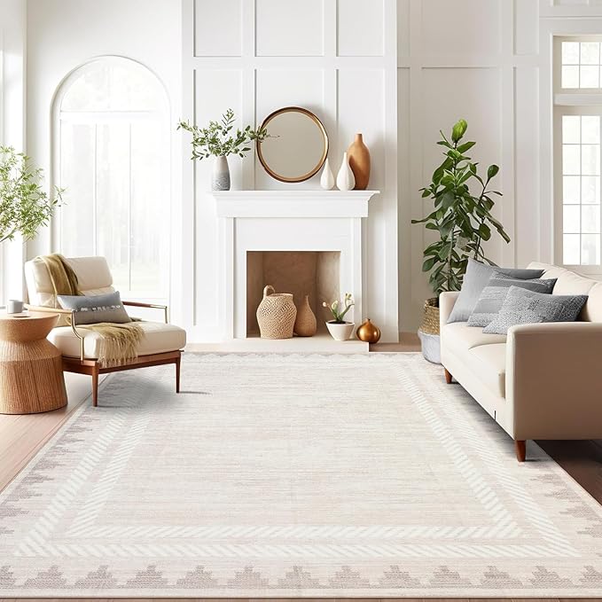 Geometric 8x10 Washable Area Rug for Living Room Dining Room Non Slip Soft Foldable Indoor Carpet Bordered Printed Large Modern Bedroom Rugs Stain Resistant, Beige