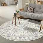 GLN Rugs Traditional Collection - Machine Washable Area Rug, Traditional Washable, Non Slip, Low Pile Chenille Rug, Living Room, Bedroom, Kitchen Rug (5'3" Round Cream/Gray)