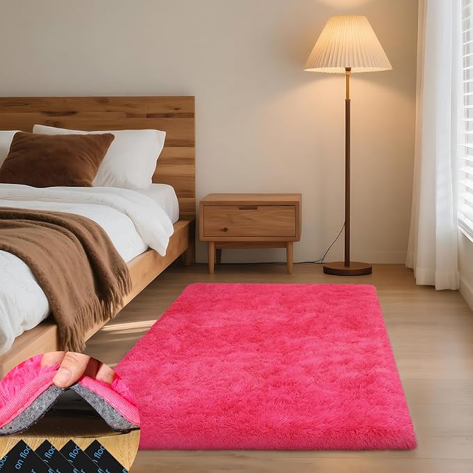 3x5 Rugs for Bedroom, Fluffy Small Area Rugs for Living Room, Soft Shag Fuzzy Carpet with 4 Non-Slip Stickers for Kids Boys and Girls Nursery Dorm Room Home Decor (Hot Pink, 3ft x 5ft)
