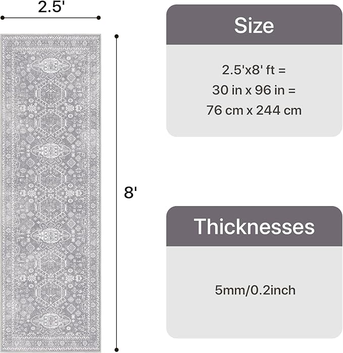 Bavni Washable Runner Rug 2’6”x8’, Non Slip Vintage Hallway Runner, Ultra Thin Low Pile Washable Carpet for Kitchen Entryway Bedroom, Grey