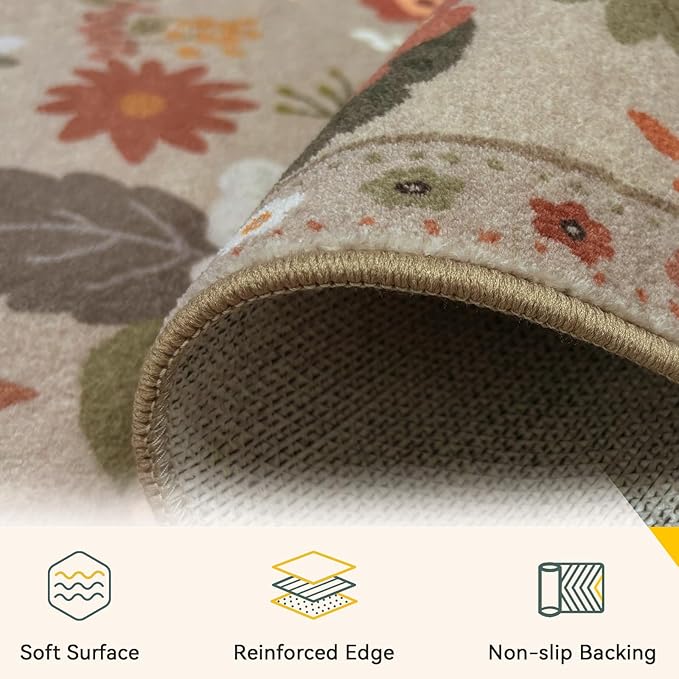 Floral 2x3 Area Rug Machine Washable Soft Print Boho Carpet Non Slip Doormat Low Pile Flower Area Rugs for Living Room Bedroom Nursery Kitchen Dining Room Indoor-Brown/Brick