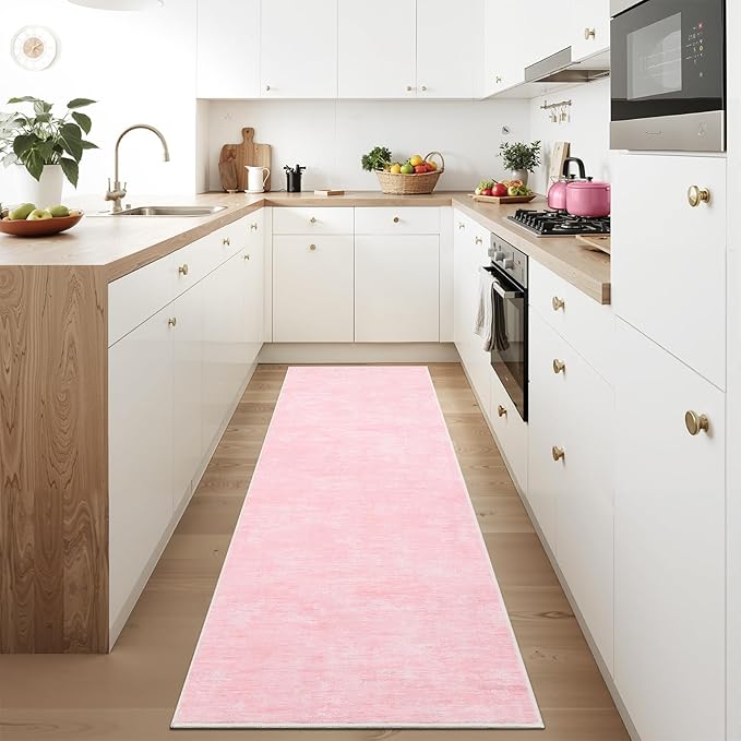 RUGSREAL Modern Runner Rug 2.5x8 Stain Resistant Washable Kitchen Runner Carpet ith Rubber Backing Low Pile Contemporary Solid Color Entryway Mat Ultra Soft Rug for Living Room Bedroom, Pink
