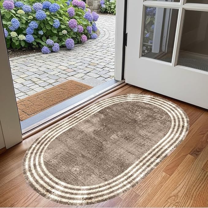 Country Earth Tone Brown Minimalist Distressed Home Office Rugs 4x6 for Living Room Bedroom Diningrooom Machine Washable Soft Thick Area Rug Nursery Dorm Kitchen Oval Geometric Bordered Large Carpet