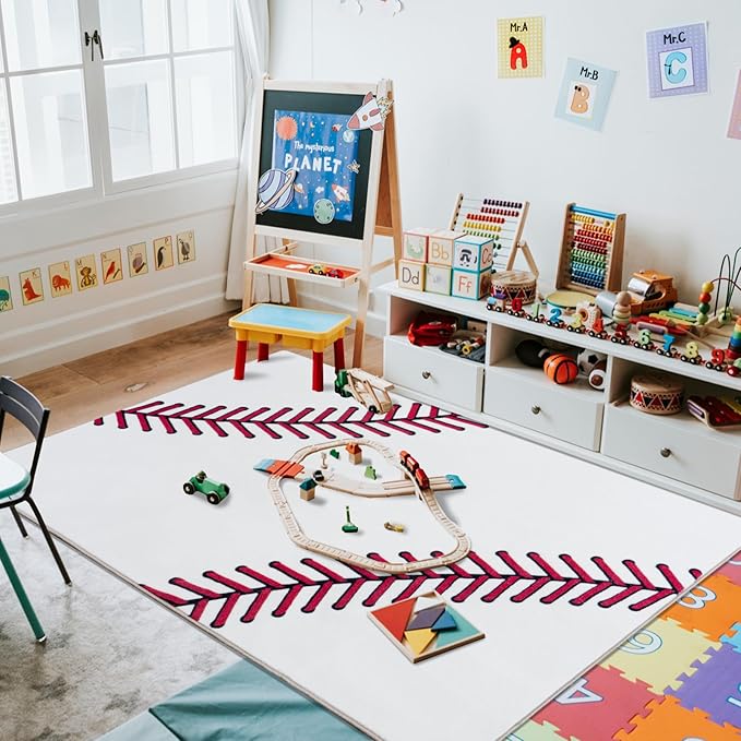 Soft Baseball Rugs for Bedroom, Machine Washable, Cute Bedside Boys Area Rug for Kids Toddlers Teens, Baseballs Lovers Home Decor Indoor Carpet for Living Room, Dorms, Nursery 4x5 Ft