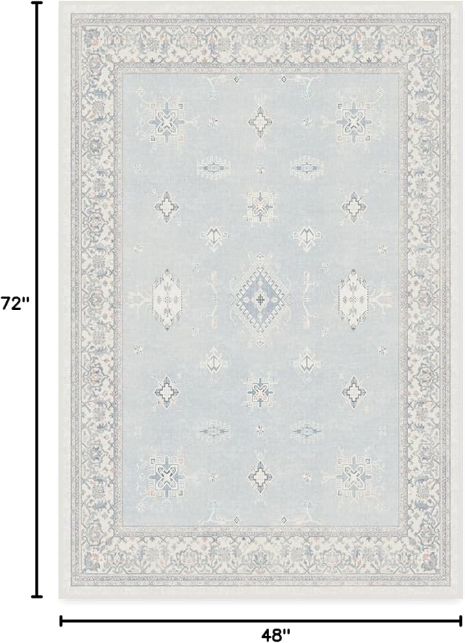 RUGGABLE Washable Vintage Area Rug – Verena Soft Blue 4x6, Stain-Resistant, Non-Slip – Medium Machine Washable Rugs for Living Room, Bedroom, Hallway, Entryway & Office–with Standard Pad