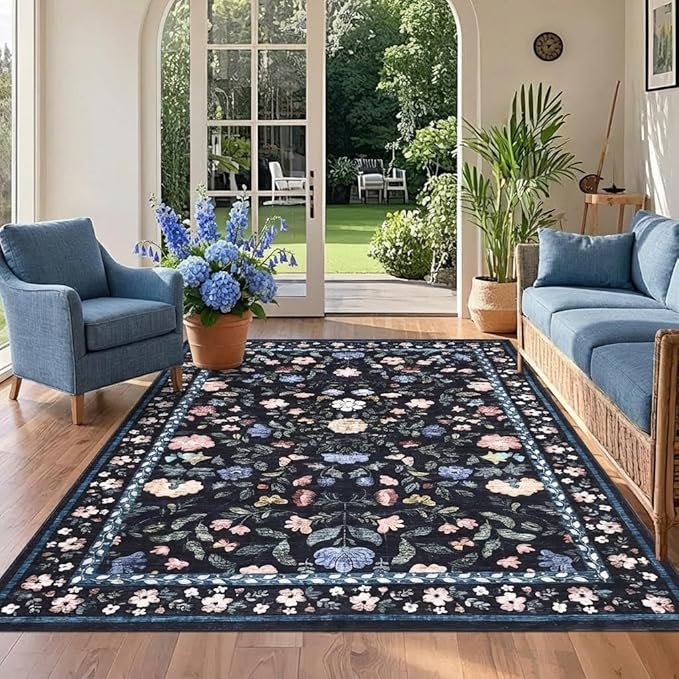 Floral Washable Rug 4x6, Non-Slip Low Pile Botanical Carpet, Vintage Farmhouse Area Rug for Bedroom Nursery Kids Room Home Decor, Dark Grey Blue