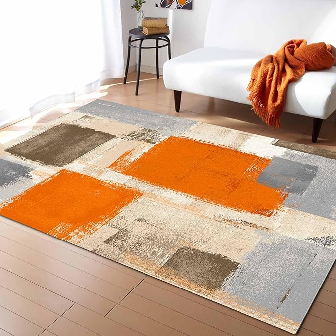 Orange Rectangular Area Rugs for Living Room Bedroom 5 x 8 ft Abstract Paint Texture Modern Art Non-Shedding Soft Low Pile Rug Non Slip Washable Rug for Nursery Entryway Playroom