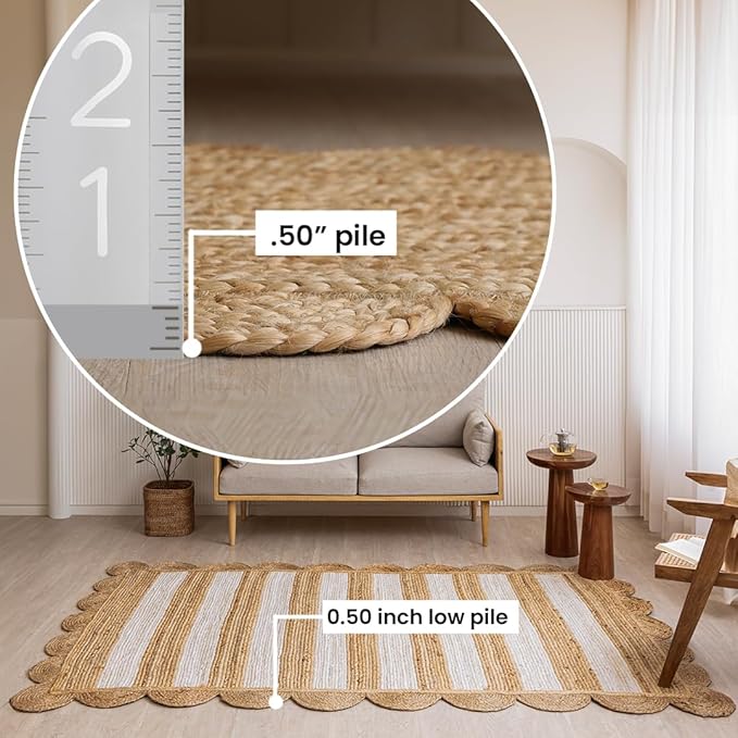 HOMEMONDE Scalloped 2'x6' Jute Runner Rug - Natural Braided Fiber - Handmade Boho Farmhouse Style Décor - Rustic Vintage Sustainable Area Rug for Entryway, Hallway, Kitchen, Bedroom, Living Room