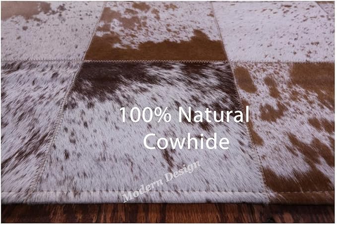 Modern Design Premium Cowhide Leather Carpet with Chevron Pattern, Area Rug (White/Brown, 5x8)