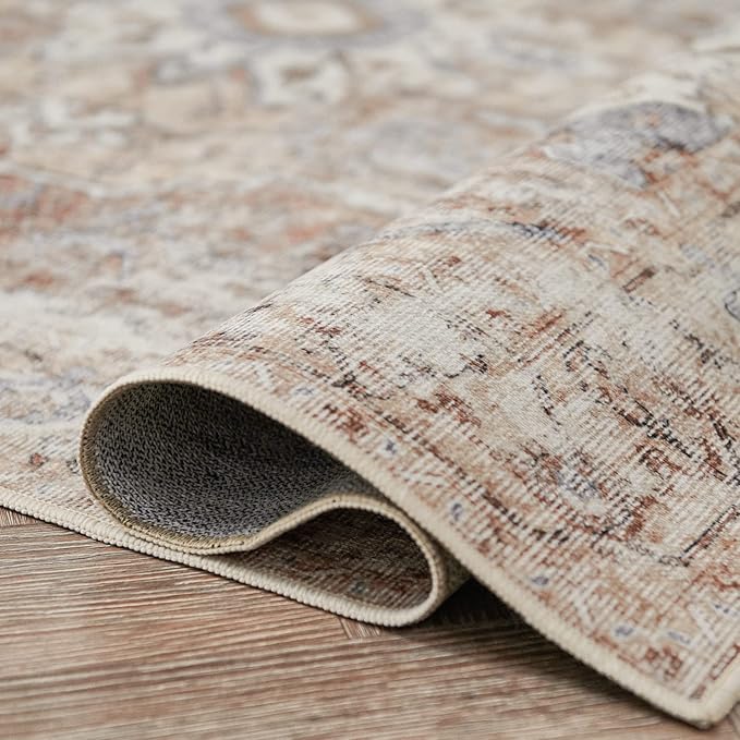 JINCHAN Area Rug 8x10 Washable Living Room Rug Vintage Indoor Large Floor Cover Distressed Lightweight Non-Slip Low Pile Thin Mat Accent Stain Resistant Carpet for Bedroom Dining Room Office Brick Red