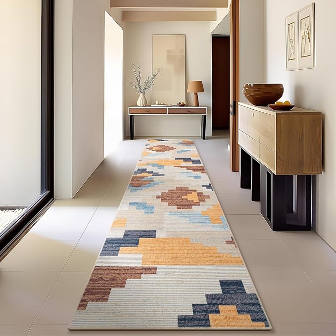 Phantoscope Washable Runner Rug 2'x8' Non-Slip, Modern Neutral Boho Hallway Rugs for Entryway, Stair, Bedroom, Abstract Geometric Blocks Pattern, Low-Pile Foldable Floor Carpet, Warm Terracotta/Cream