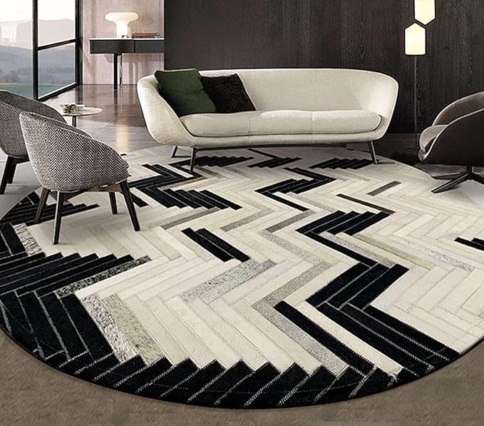 Round Cowhide Faux Leather Area Rug 8×8 ft – Black & White Modern Chevron Pattern Low Pile Carpet with Non-Slip Wool Backing, Soft Durable Living Room & Bedroom Accent Rug