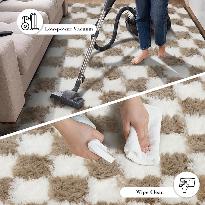 Checkered Rug for Living Room, 6x9 Beige and White Area Rugs, Classic Checkered Carpets Shaggy Area Rug, Bedside Rugs for Living Room Bedroom Kids Room Home Decor