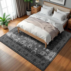 Area Rug 5x7, Washable Faux Wool Throw Rugs for Living Room, 0.3″ Non Slip Low Pile Vintage Boho Carpet for Ding Room, Home Office, Bedroom, Kids Room, Bedside (Black)