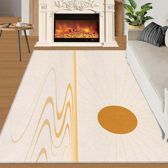 Boho Sun Area Rugs 5x7ft, Minimalist Sunburst Rugs for Living Room, Geometric Solar Floor Rug Sturdy and Non-Shedding for Bedroom Hardwood Floors Teen Room