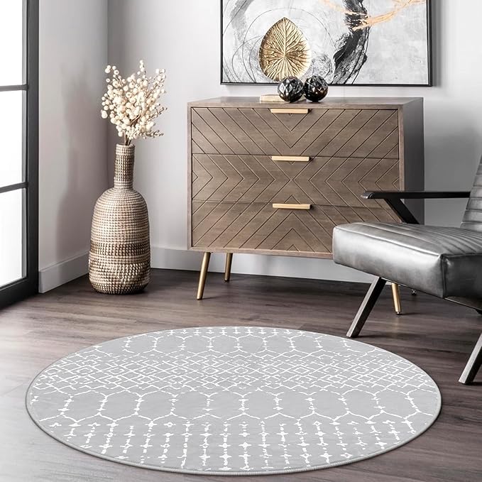 Lahome Moroccan Round Washable Rug 3Ft Small Circle Soft Non-Slip Grey Bathroom Rug, Stain Resistant Low Pile Entryway, Modern Geometric Print Indoor for Kitchen Sofa Doorway