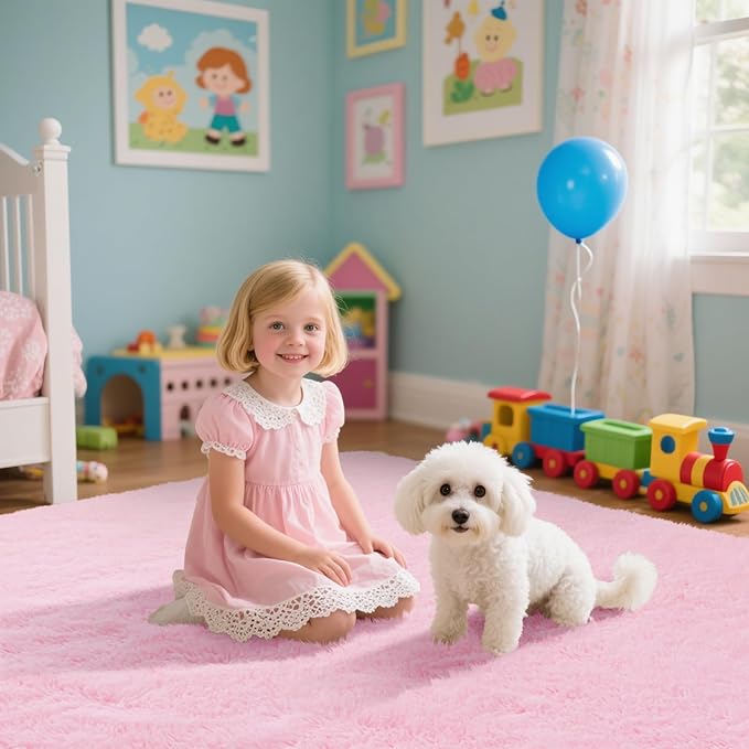 Pink Fluffy Rug Shaggy Area Rug, 6x9 Area Rugs for Girls Bedroom, Big Soft Shaggy Bedside Non-Slip Plush Dorm Nursery Kids Carpet Home Decor Aesthetic