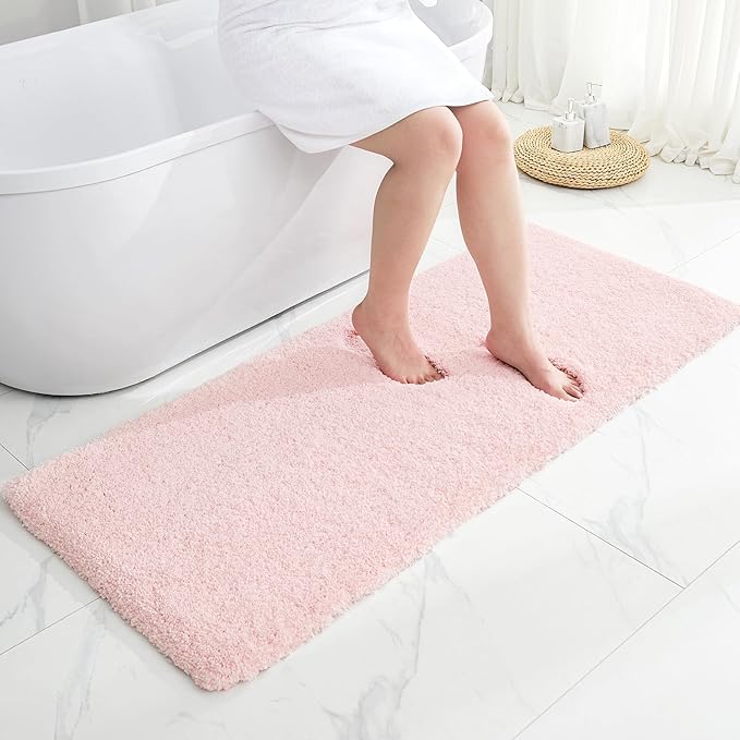 Pink Bathroom Runner Rug 24x70 Non Slip Fluffy Long Bath Mat for Bathroom Floor Washable Plush Luxury Bath Rug for Tub Absorbent Shower Sink Mat Bedside Rug